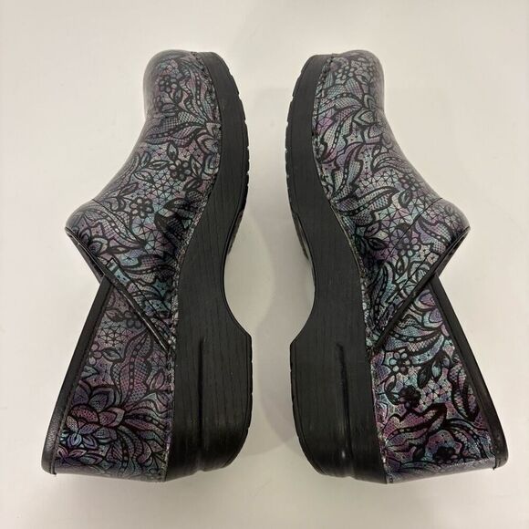 Dansko Blue & Purple Metallic Iridescent Mosaic Clog Shoes with Tropical Leaf Pr - Picture 8 of 10